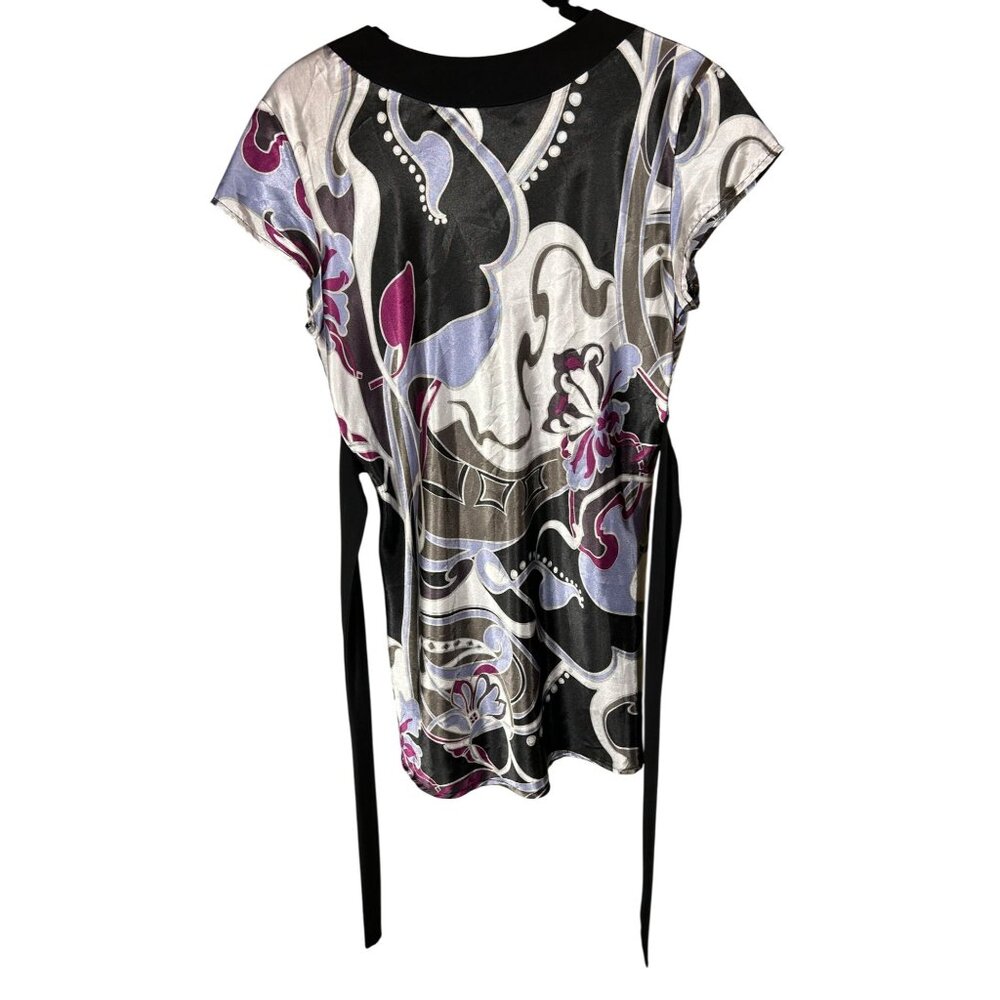 Y2K Babydoll Tunic Top Sz Small Tie Back Satin Abstract Floral Pattern Fairy - Picture 3 of 7